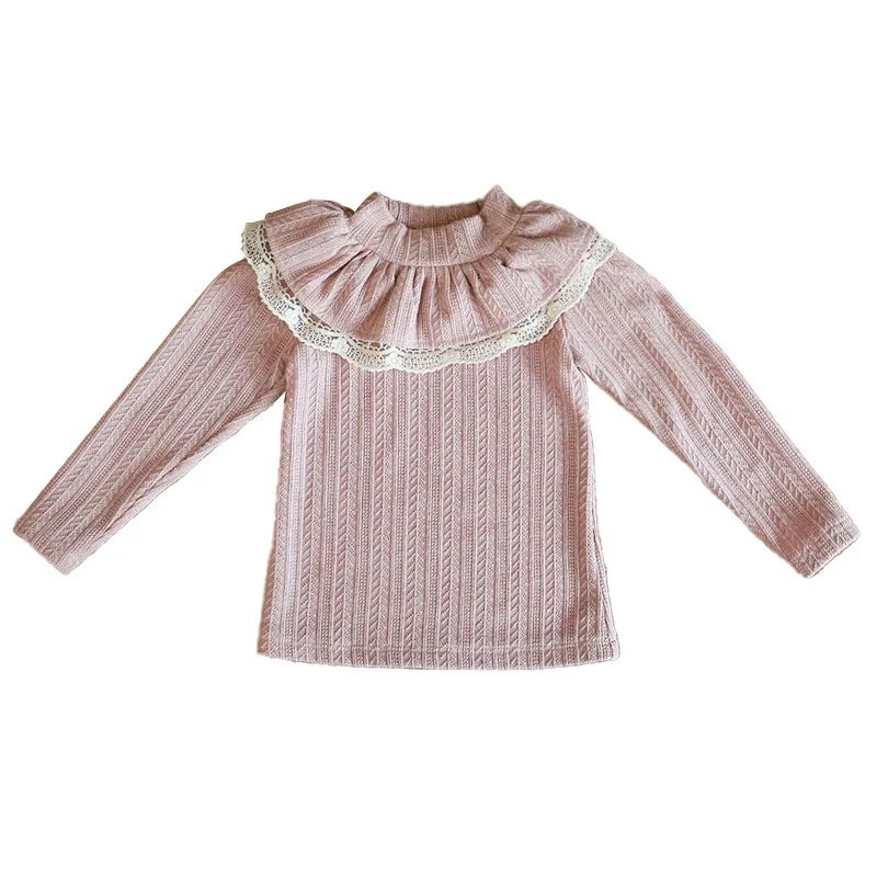 

2020 Winter Korean Style Girl Lace Double Neck Knitted Jacquard T-shirt Cotton Blouse