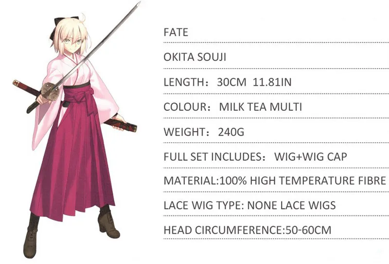 Okita Souji парик Fate Grand заказ косплей парик короткие синтетические женские волосы аниме Fate Grand заказ косплей парики Okita Souji