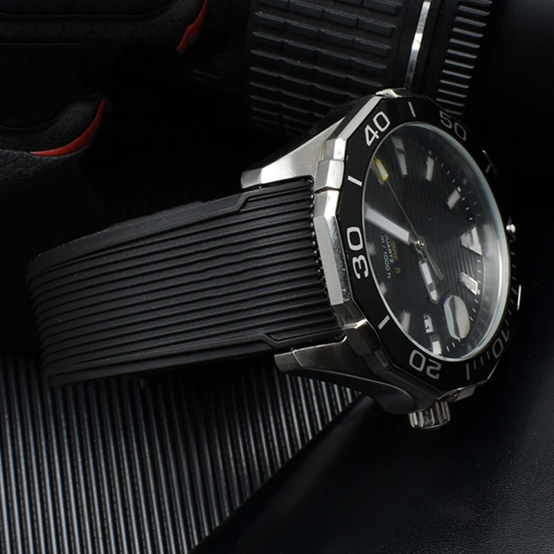 Rubber watchband for TAG WAY201A/WAY211A 300|500 wrist strap 21mm 22mm Arc end black blue Watch Band with folding buckle