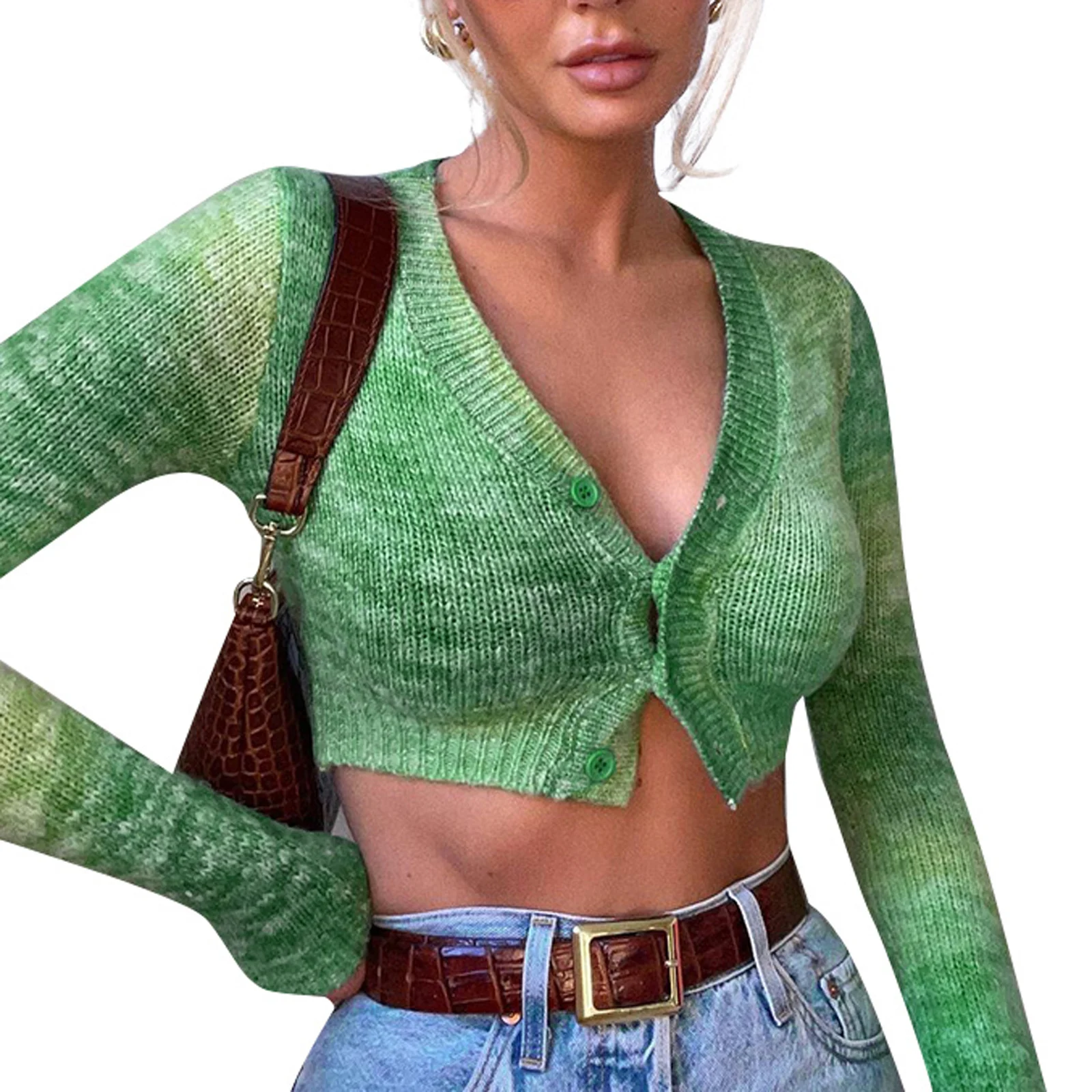 

Укороченный женский топ на пуговицах, Элегантная трикотажная футболка с длинным рукавом, V-образным вырезом и принтом, новая мода 2021