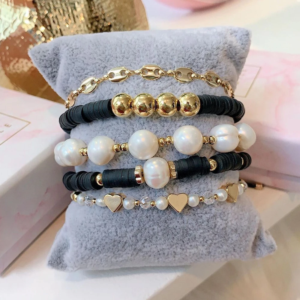 

KKBEAD Natural Freshwater Pearl Bracelet Gold Plated Beads Pulseras Polymer Clay Heishi Beaded Bracelets Set Women Jewelry