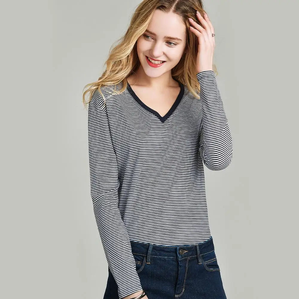 

Женская Полосатая Футболка HAVVA, хлопковая Приталенная футболка с V-образным вырезом и длинным рукавом, весна 2020, T3223