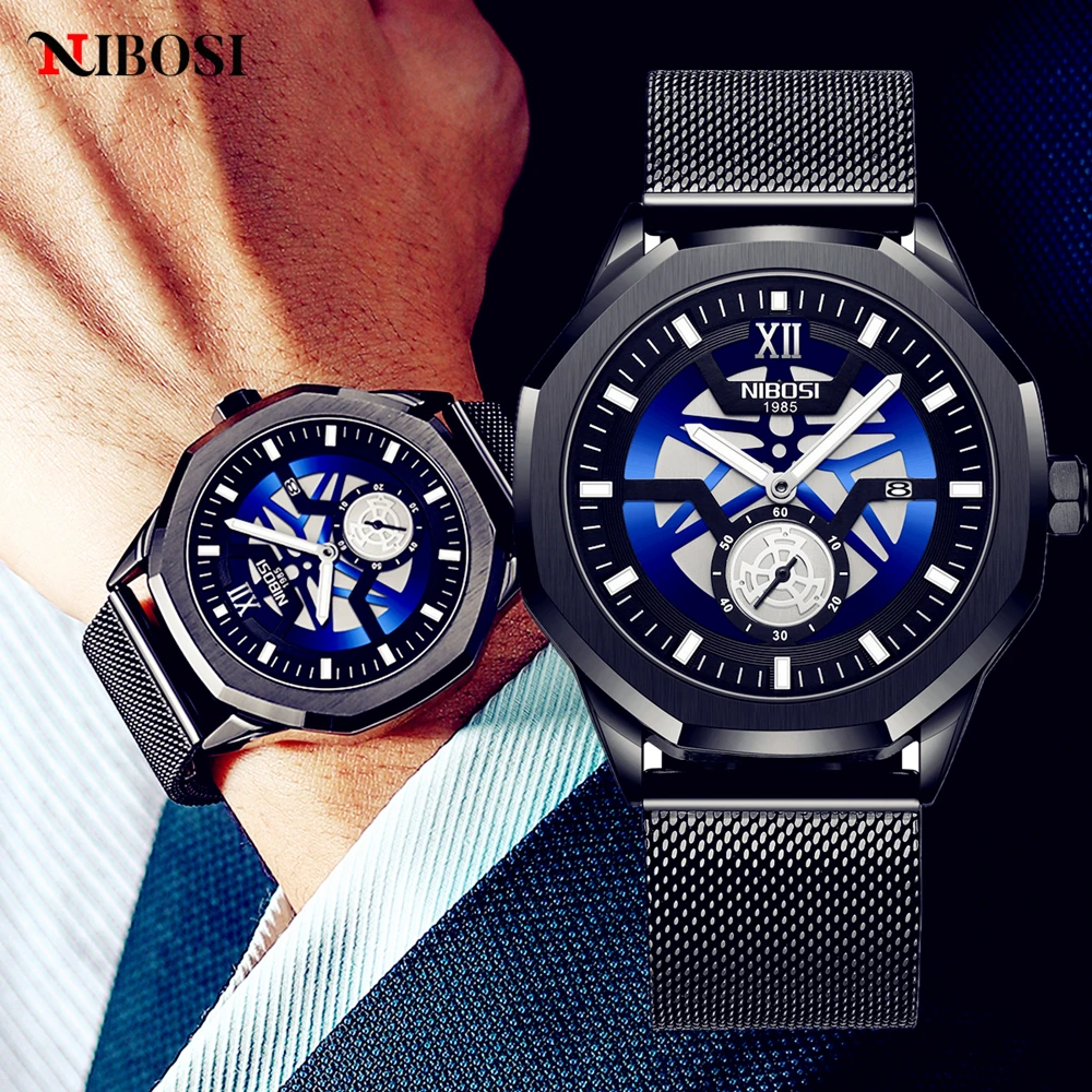 

NIBOSI Fashion Mens Watches Top Brand Luxury Quartz Watch Men Casual Mesh Steel Waterproof Sport Watches Black Relogio Masculino