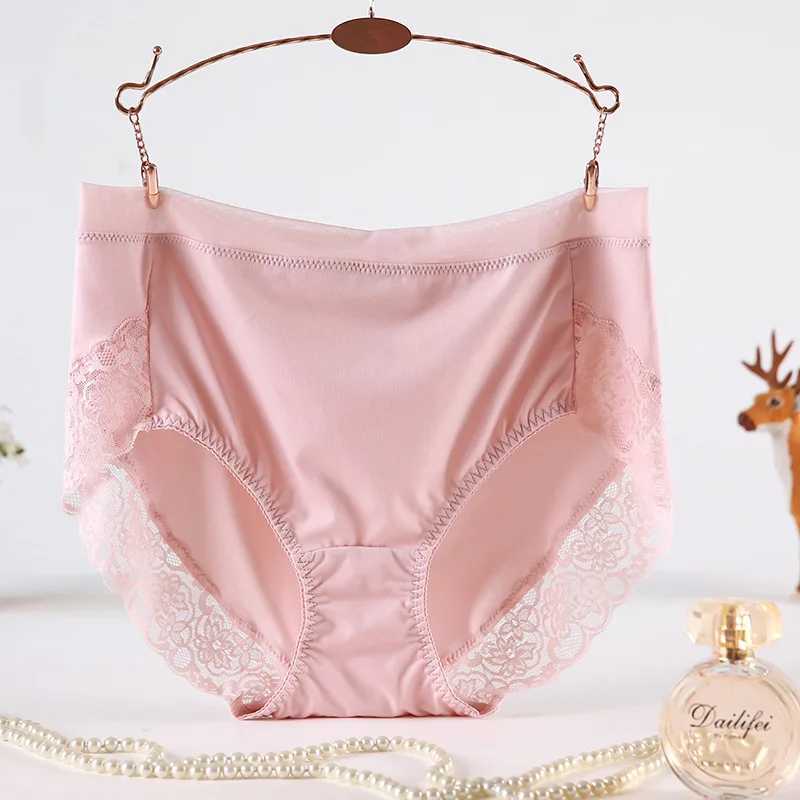 

2021 Newest High Waist Lace Plus Size Panties Women Milk Silk Big Size Briefs Intimates Female Underwear Black Pink 2XL 3XL 4XL