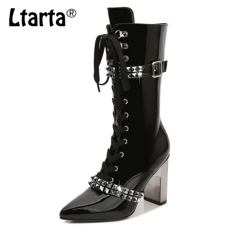

LTARTA 1812 Series 9cm Heel Pointed PU Leather Mid-boots Patent Leather Rhinestone Rider Boots Sexy Women's Shoes Spring LFD