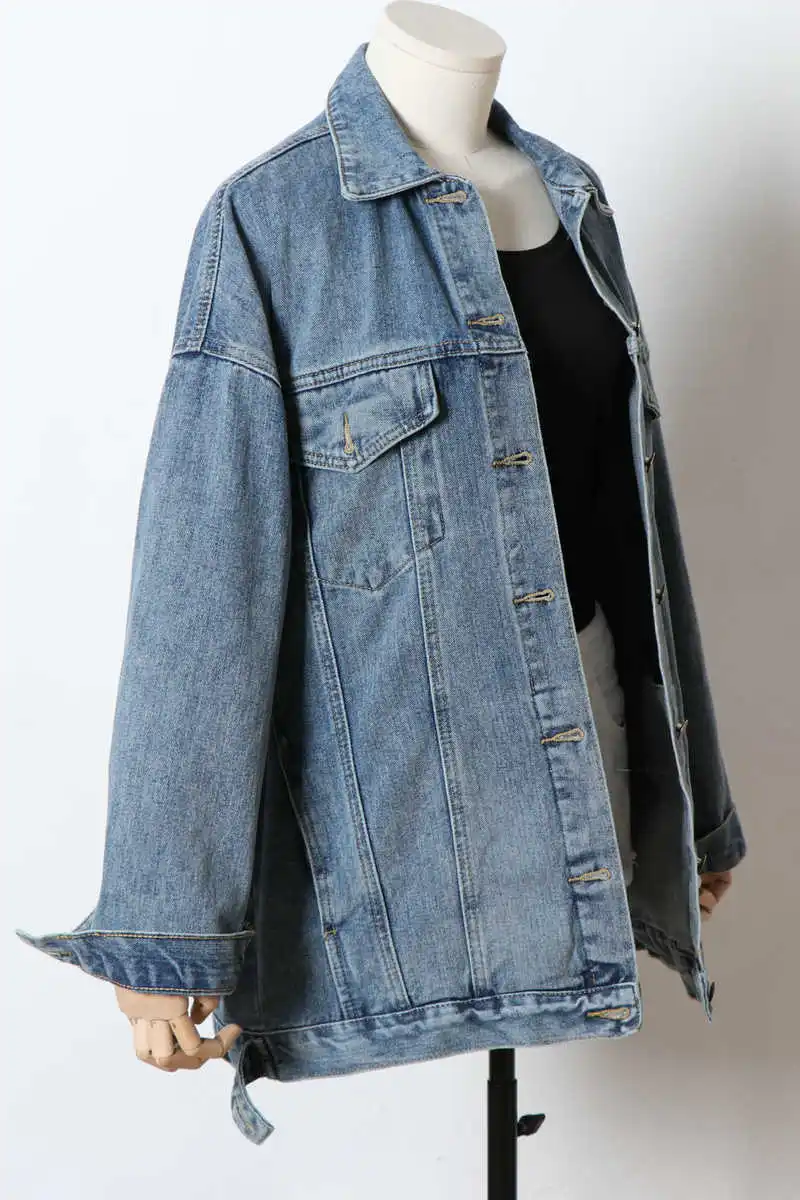 

IEQJ 2021 New Spring And Autumn Turn-down Collar Full Sleeves Single Breasted Light Blue Denim Jacket Cozy Top WP55305L