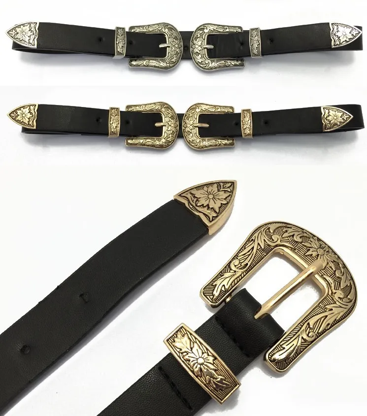 

New Hot Fashion Vintage carved design alloy Metal Leather Belts for women Double Buckle Waist Belt Waistband High Quality female