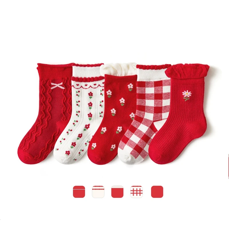 

5 Pack Lolita Floral Baby Girls Socks Anti-Slip Autumn Winter 1-12 Years Japan Korea Cotton Socks for Children Kids Middle Tube