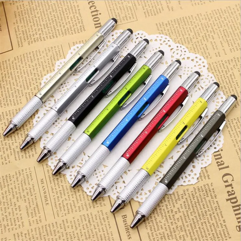 1PC 6 In 1 Touch Ballpoint Stylus Pen With Spirit Level Ruler Screwdriver Tool Office School Supplies Random Color