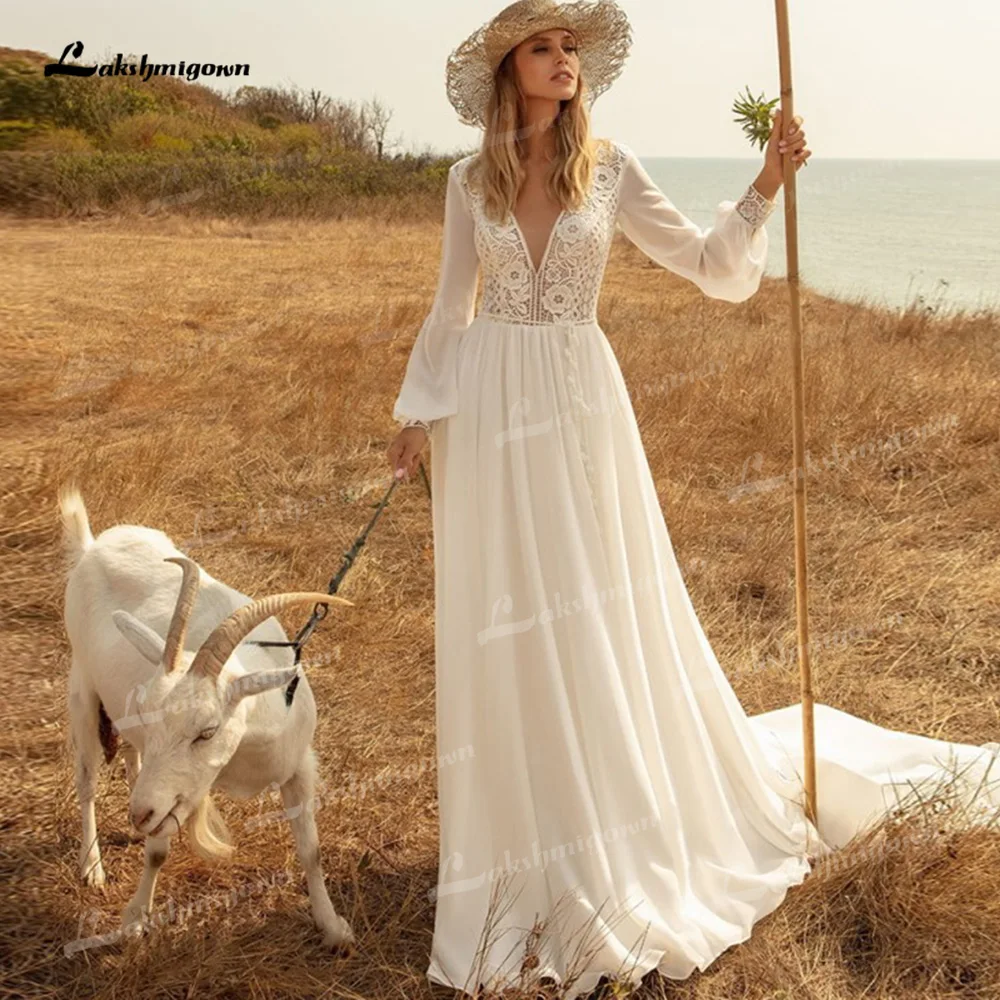 

Bohemian Chiffon A-Line Wedding Dresses V-Neck Long Sleeve Backless Sweep/Brush Train Bride Gowns Appliques Vestidos De Novia