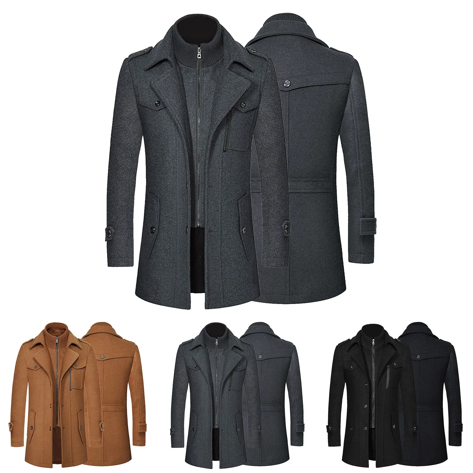 

Men's Autumn And Winter Coat Double-collar Woolen Coat Thickened Collar Mid-length Woolen Zipper Trench Coat