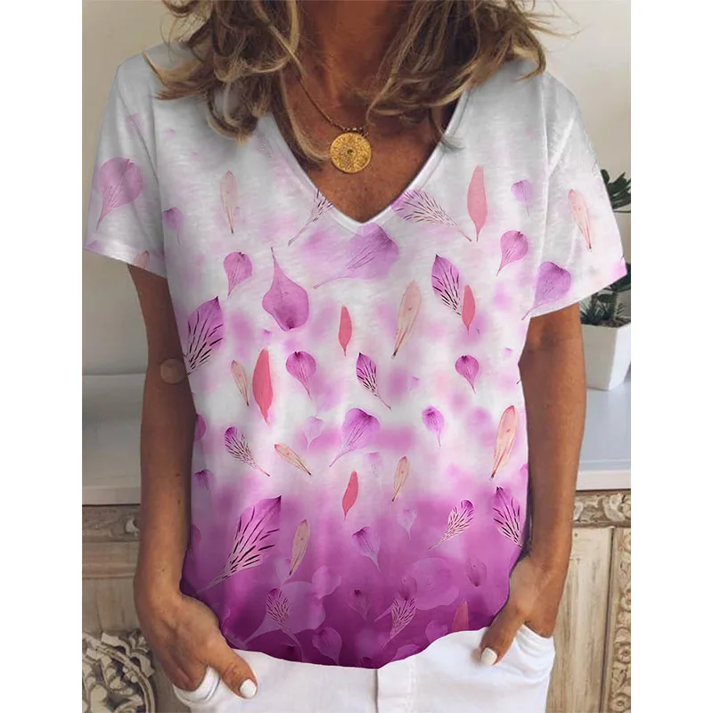 

Summer Rainbow Gradient Leaf Print Women's V-neck Short-sleeved Top Loose Casual Plus Size Shirt for Girl 2021 Fashion Clothes