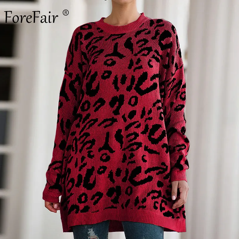 Burgundy Sweater Forefair, Леопардовый Повседневный свитер выше размера, женский, осень, зимний, вязаный, с животным принтом, размера плюс, свободный, длинный, женский свитер - Цвет: Burgundy Sweater