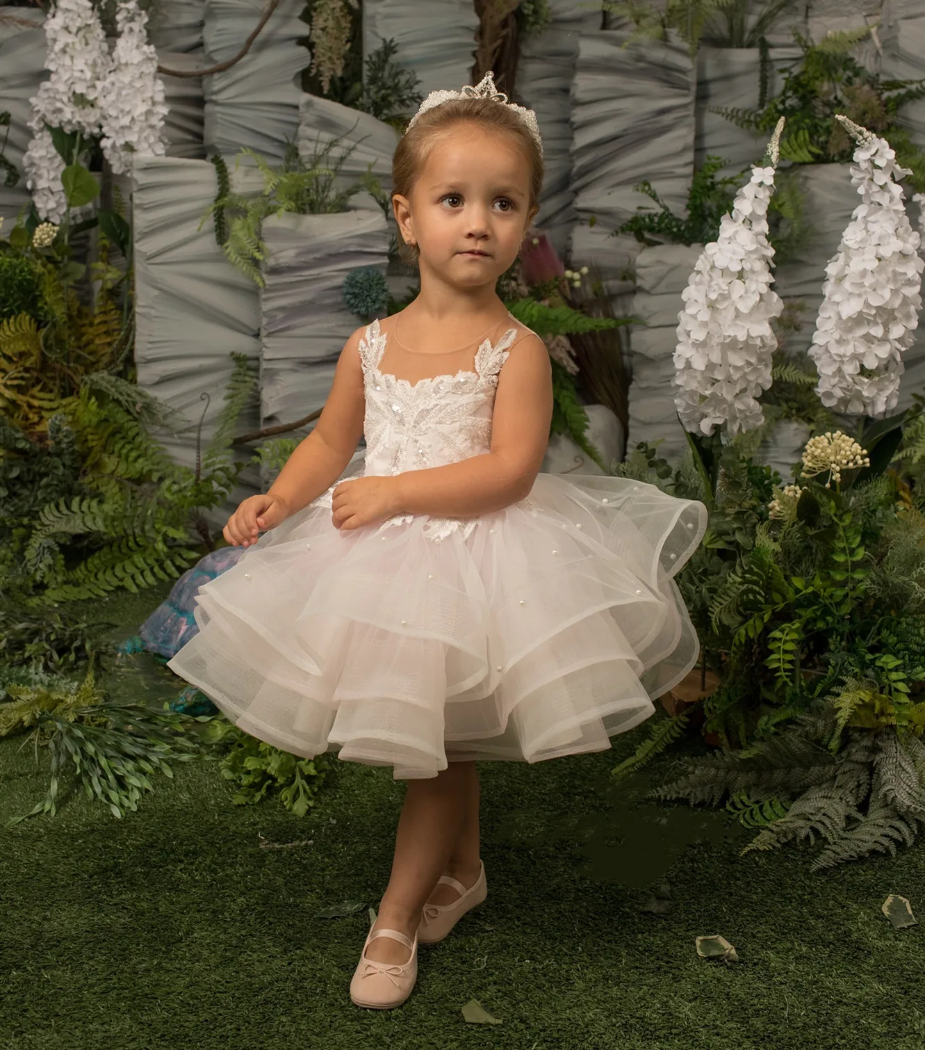 

Custom Baby Girl Birthday Party Gowns Applique Sequins Pearls Infant Kids Clothes Flower Girl Dress for Wedding