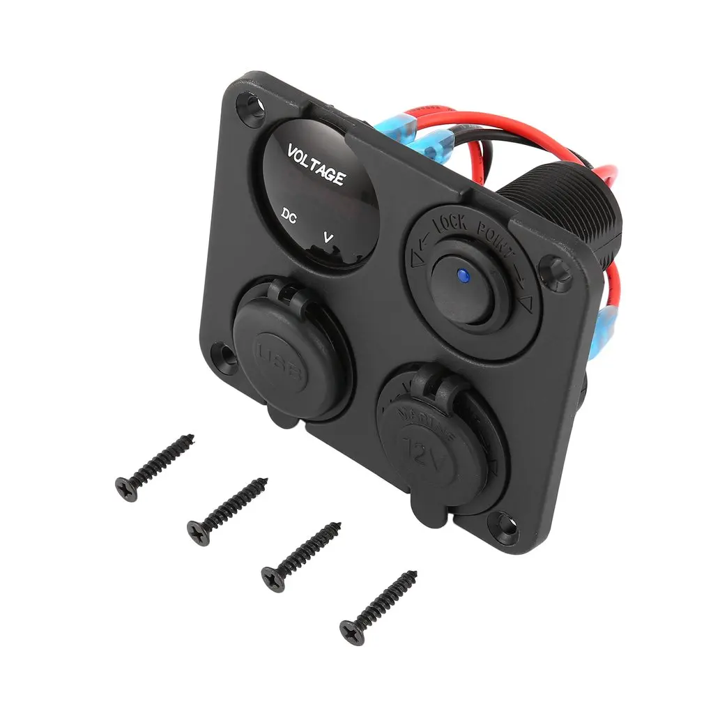 

Dual USB Ports Car Charger + LED Voltmeter + 12-24V Power Socket + On-Off Switch 4 in 1 Car Marine Boat LED Switch Panel