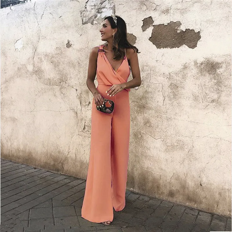 

Women Sexy V Neck Empire Jumpsuits Sleeveless Wide Leg Bodycon Bodysuits Playsuits Asymmetrical Leotards Female Jumpsuits