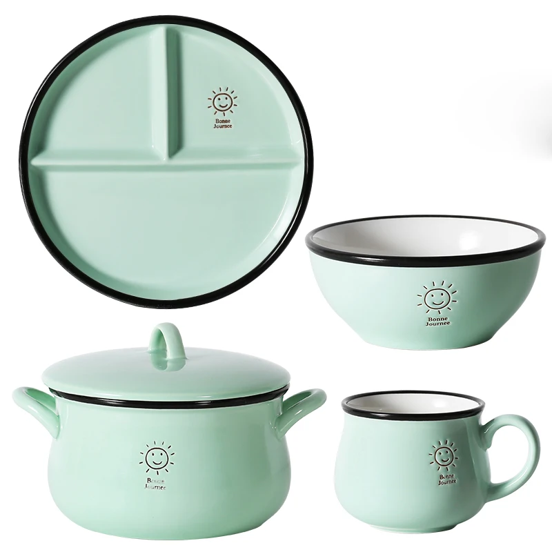 as the picture shows Прямая маленькая Солнцезащитная креативная керамическая посуда, домашний поднос для завтрака, для дома, для детей, питание, сетка, тарелка, рисовая супница, кружка - Цвет: as the picture shows