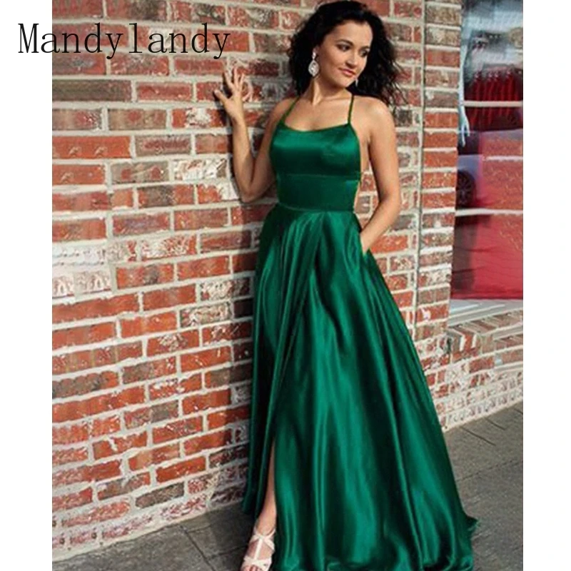 

Mandylandy Dress Women's Sexy O-Neck Pocket Solid Spaghetti Strap Slit Dress Autumn Slim Fit Backless Bandage High Waist Dress