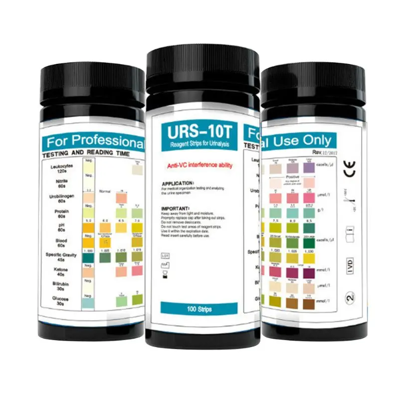 URS-10T 100 tiras de papel de prueba de reactivo de urinálisis, tiras de prueba de orina de 10 parámetros, leucocitos, nitrito, urobilinógeno, proteína, pH