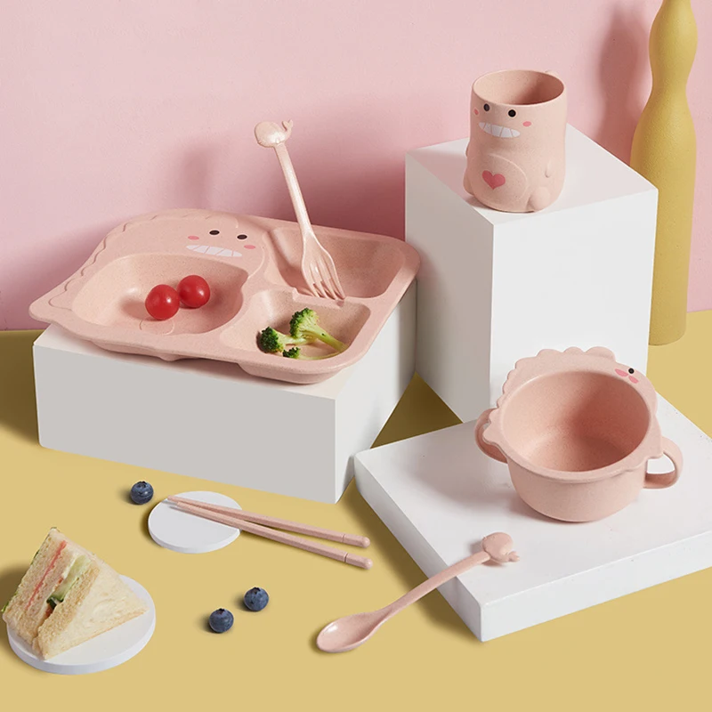 Набор детской посуды из пшеничного волокна столовые приборы с динозавром для