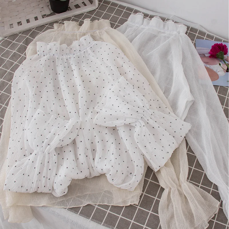 

Женские шифоновые рубашки в горошек, водолазка с оборками и Расклешенным рукавом, женские повседневные корейские свободные элегантные блу...