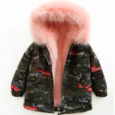 Camo Green Pink Пальто с мехом для девочек; куртка с искусственным лисьим мехом; зимняя детская одежда; камуфляжная верхняя одежда для мальчиков и девочек; детское меховое пальто; TZ155 - Цвет: Camo Green Pink