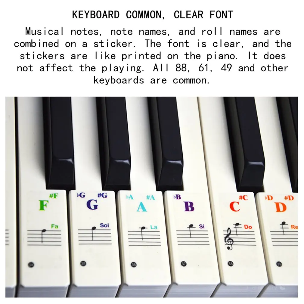 

Фортепианная наклейка для клавиш-съемное покрытие для 88 клавиатур, наклейки для нот персонала, цветные наклейки для клавиатуры пианино