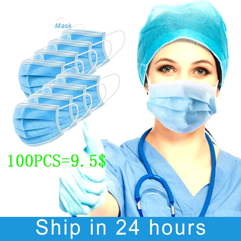 

100 pcs Disposable Protective Face Mask 3 Layer Non Woven Mouth Masks Earloop For Protection Masks