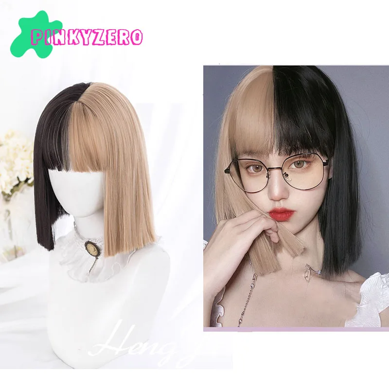

Lolita Wig Yellow Mixed Black Harajuku Fringe Bangs Synthetic Short Cool Hair Heat Resistant Halloween Women Girl Daily-wear