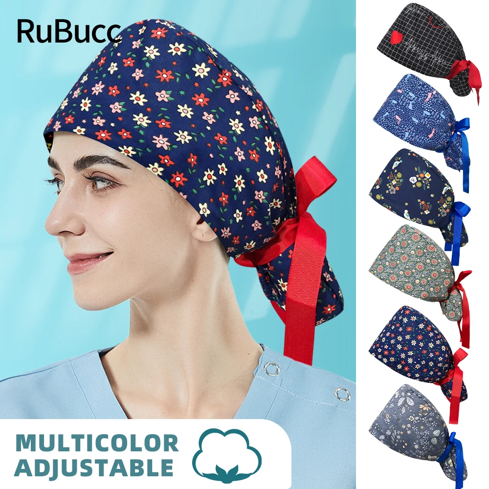 

Dental Hospital Beauty Salon Work Hats Fashionable Multicolor Cartoon Printing Surgical Cap Adjustable Scrub Caps Pet Shop Mens