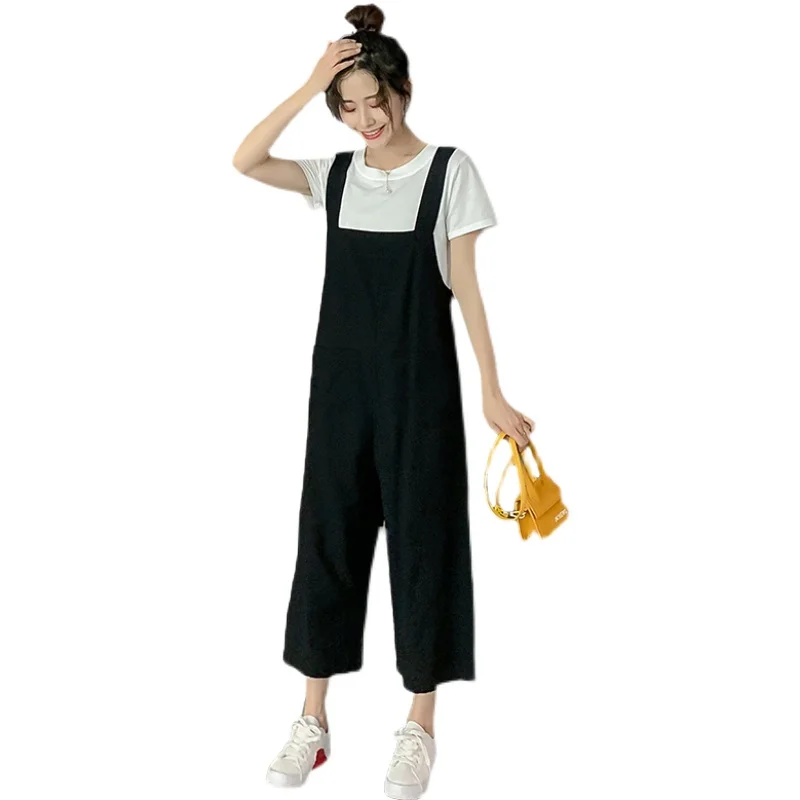 

7016# Summer Chic Ins Cotton Maternity Bib Pants Sets Tees + Wide Leg Loose Overalls Pants Suits Clothes for Pregnant Women