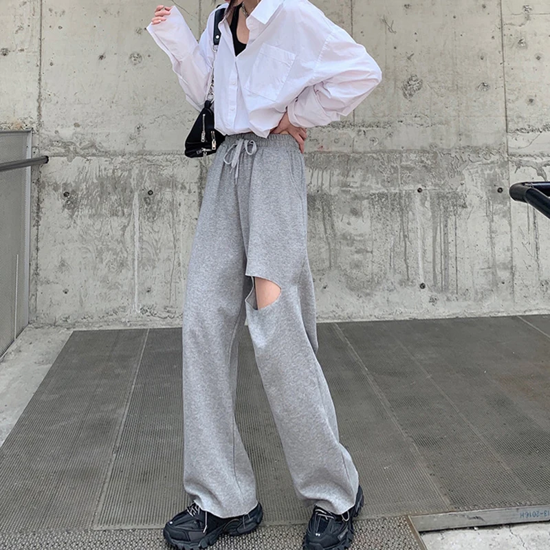 

Women Full Length Pants Casual Asymmetrical High Waist Lace Up Bow Ripped Hole Wide Leg Pant For Female Clothes New