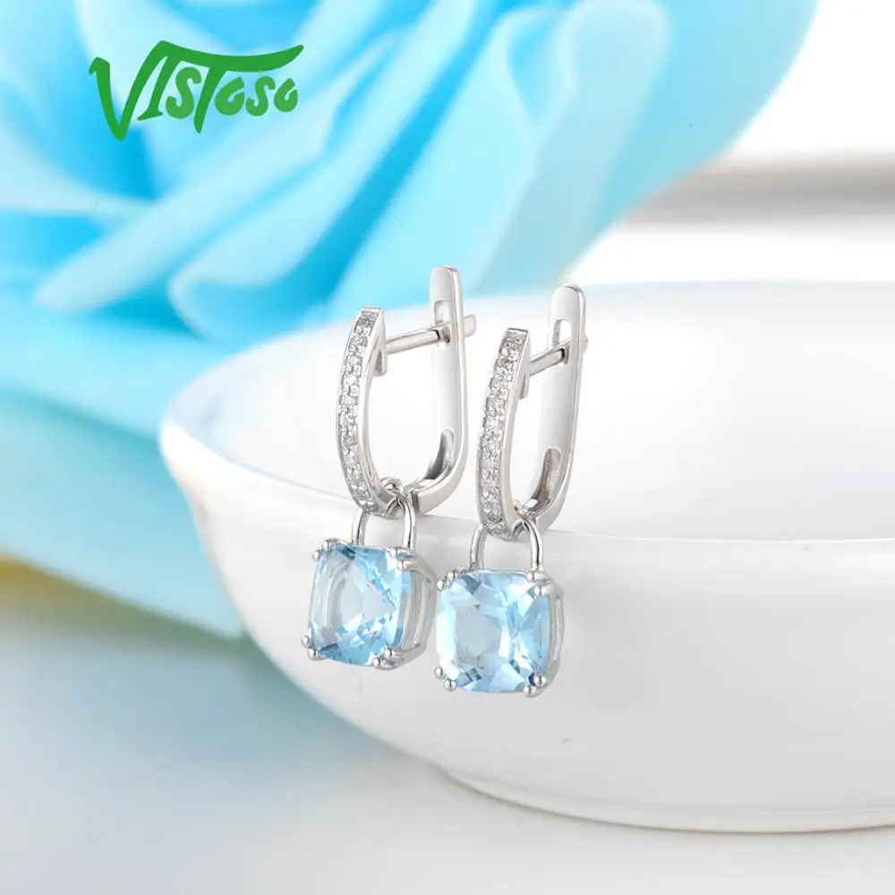 Серьги VISTOSO, золотые, для женщин, Аутентичные, 14 K, 585, белое золото, Блестящий Бриллиант, лимпид, небесно-голубой топаз, классические серьги, ювелирные украшения