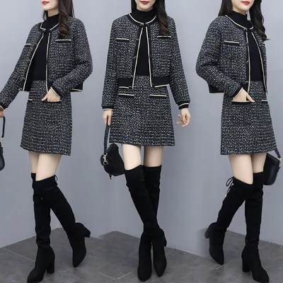 

High Quality Womens Winter Tweed 2 Piece Skirt Suits Button Business Suit For Women Plus Size Skirts Ensemble Femme Survetement