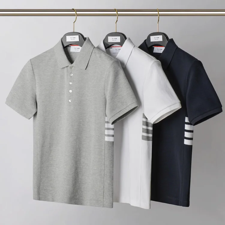 

2021 New Fashion TB THOM Brand Polo Shirt Men Women Short Sleeve Casual Clothing Striped Summer Turn Down Collar Cotton Polo