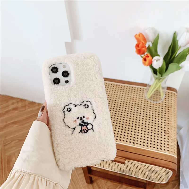 

Cute Milk Tea Bear Plush Phone case For iPhone 12 11 Pro Max SE 2020 7 8 Plus X XR XS Max Capas Fashion Warm Soft Fluffy Cover