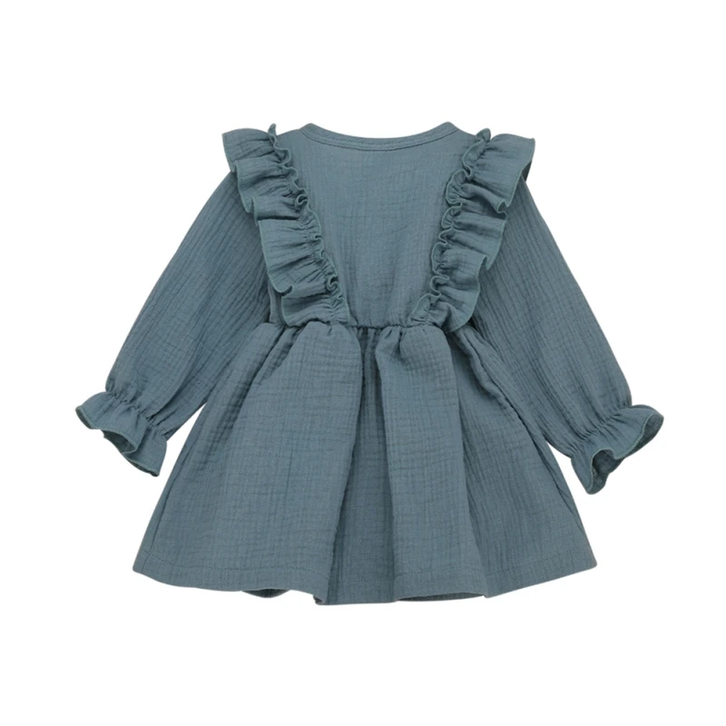 Хлопковое однотонное платье для девочек с длинным рукавом оборками белого