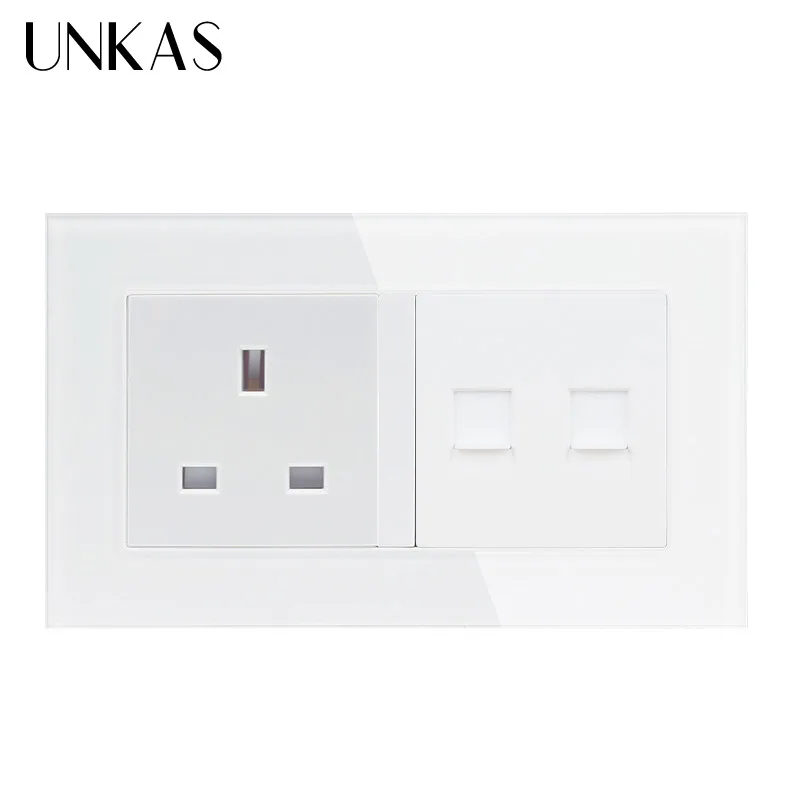 UNKAS белая Роскошная стеклянная панель 2 Gang Wall Power 13A стандарт Великобритании