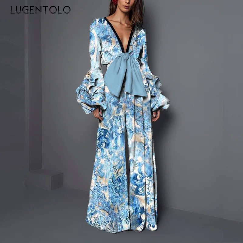 

Lugentolo Women's Jumpsuit Sexy Deep V-neck Long Flared Sleeves Slim Casual Print Bow Fashion Lady Elegant Jumpsuits