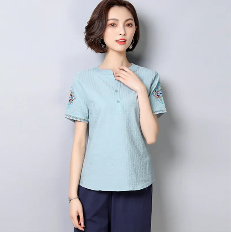 Рубашка из хлопка и льна с коротким рукавом летнее свободное тонкое белое платье