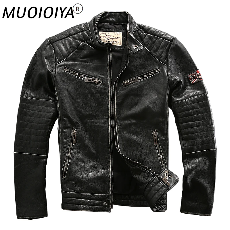 

AVIREXFLY New Male Cowhide motorcycle rider jacket genuine cow leather clothing male leather rider outerwear