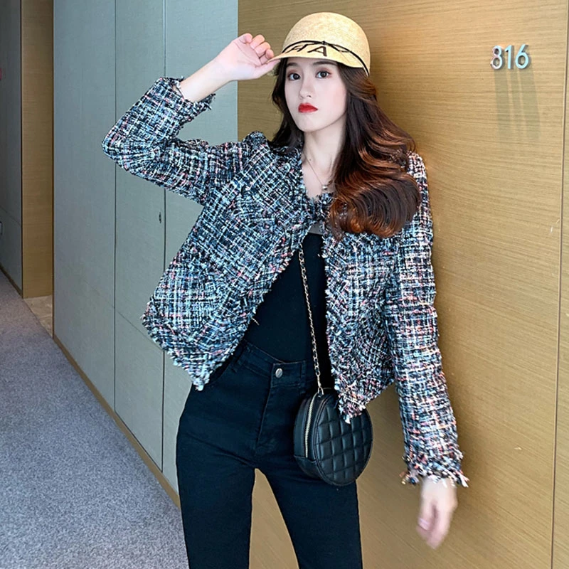 Маленький аромат винтажное твидовое короткое пальто женская Корейская Новинка