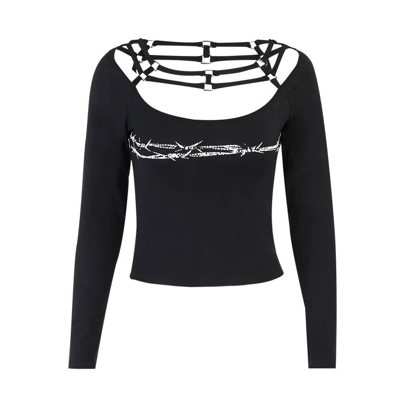 

InsGoth Goth Sexy Black T Shirt Women Harajuku Hollow Out Bodycon Long Sleeve T-shirts Streetwear Punk Bandage Basic Tops