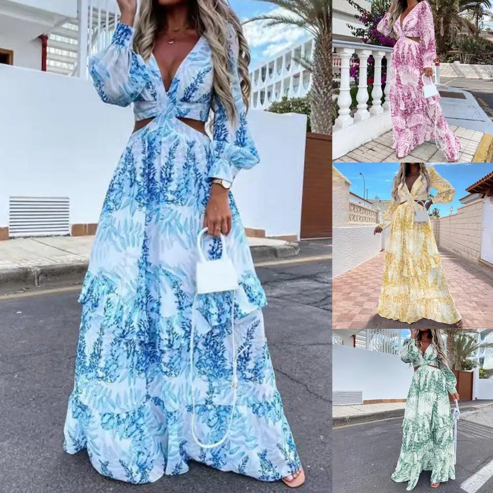 

Women Maxi Dress Sexy Boho Long Sleeve Large Hem Deep V Neck Floral Leaf Print Dress for Beach 2021 Spring Plus Size