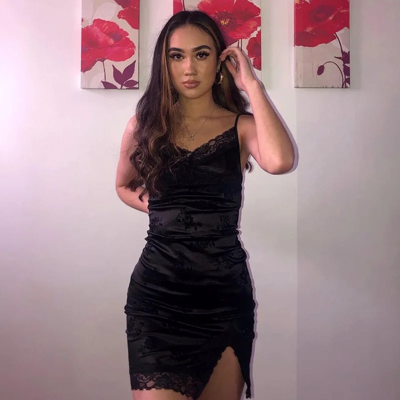 

Lace Light Color Printed Women Sexy Dress Elegant V Neck Slim Fit Slit Suspender Dress Spring New Skirt Casual Female Outfits