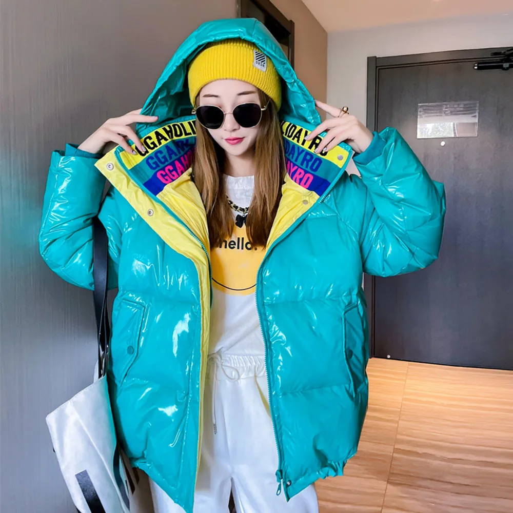 Winter New Thick Women's Down Cotton-pad Jackets Casual Bread Clothing Letters Printed Color Stitching Knit Collar Hooded Coat