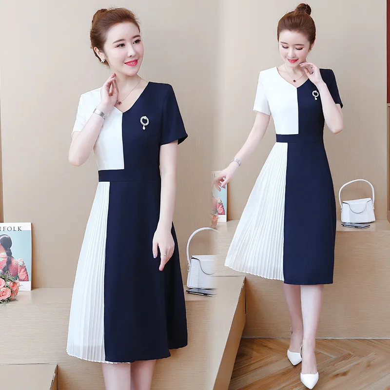 

2019 summer new fashion all-match plus size women's fat slim and thin temperament contrast stitching dress