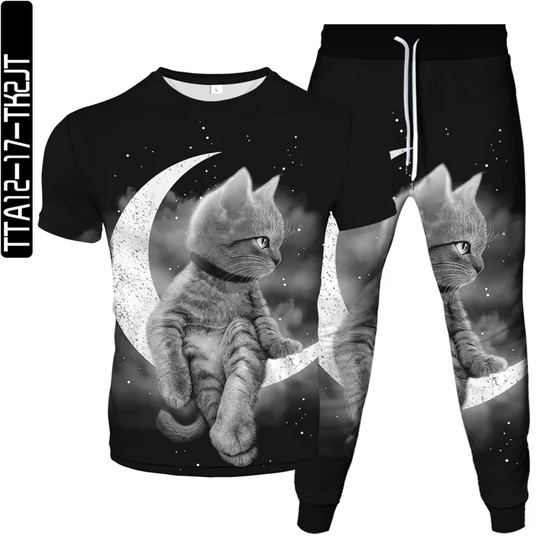 

Summer new brand men's T-shirt + sports pants two-piece 3D printing cute cat jogger fashion casual outdoor fitness clothes