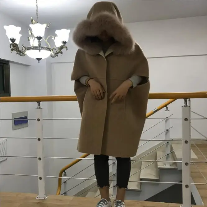 Новое поступление, толстое свободное теплое кашемировое шерстяное пальто-накидка с отделкой из натурального Лисьего меха, популярная осенне-зимняя верхняя одежда, шерстяное пальто