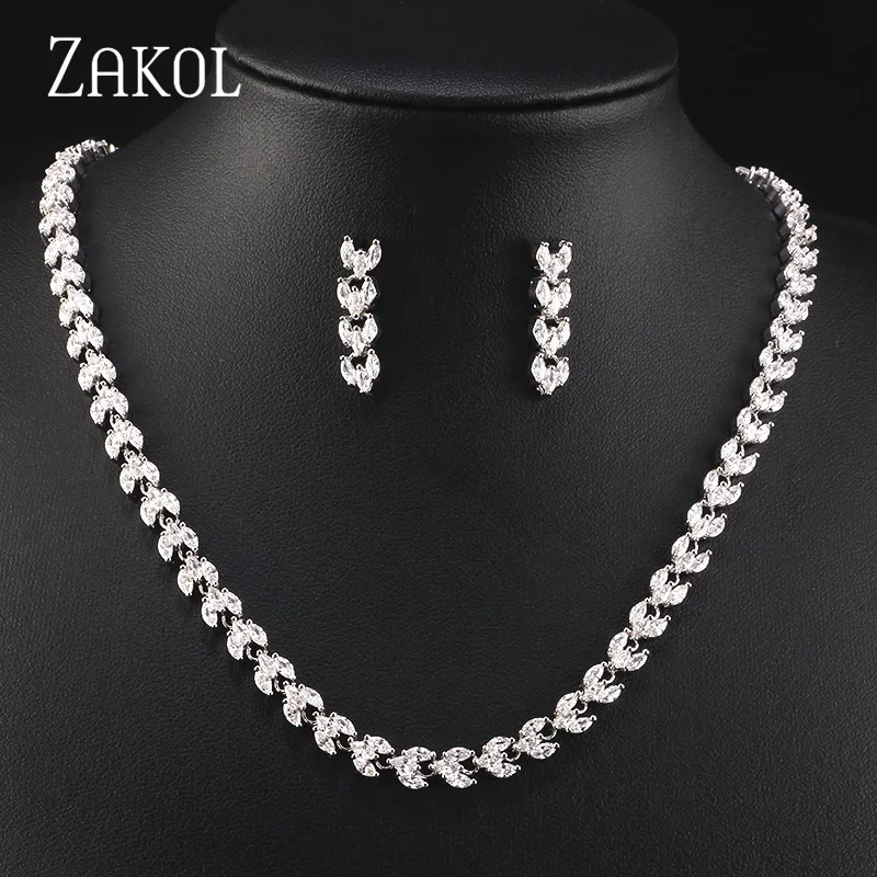 White ZAKOL модный белый цвет круглый кубический циркон серьги ожерелье наборы свадебных ювелирных изделий для женщин Свадебные распродажа FSSP169 - Окраска металла: White